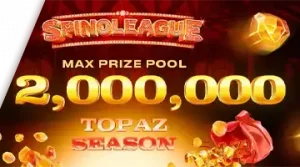 Изображение, рекламирующее турнир Spinoleague Topaz Season в Джозз с призовым фондом в 2 миллиона евро на фоне огненной сцены.
